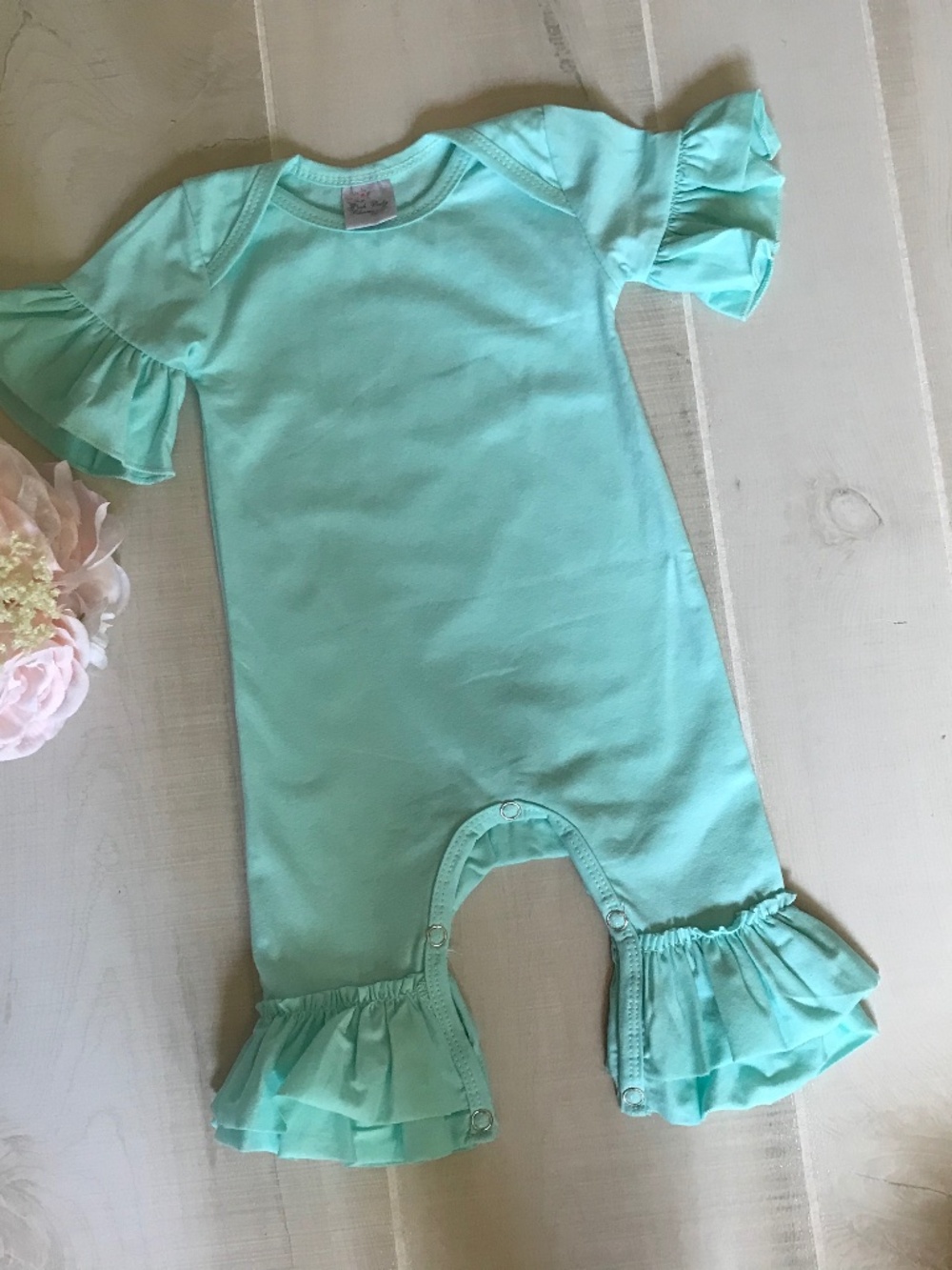 Blank Ruffle Baby Romper by Posh Baby Blooms in mint color size XS